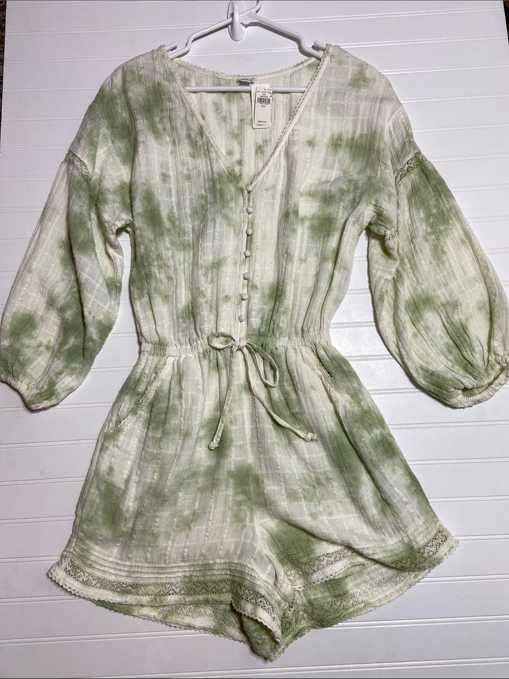 aerie Romper S Green/Ivory Tie-Dye Gauze Pockets Crochet Feminine Boho NWT